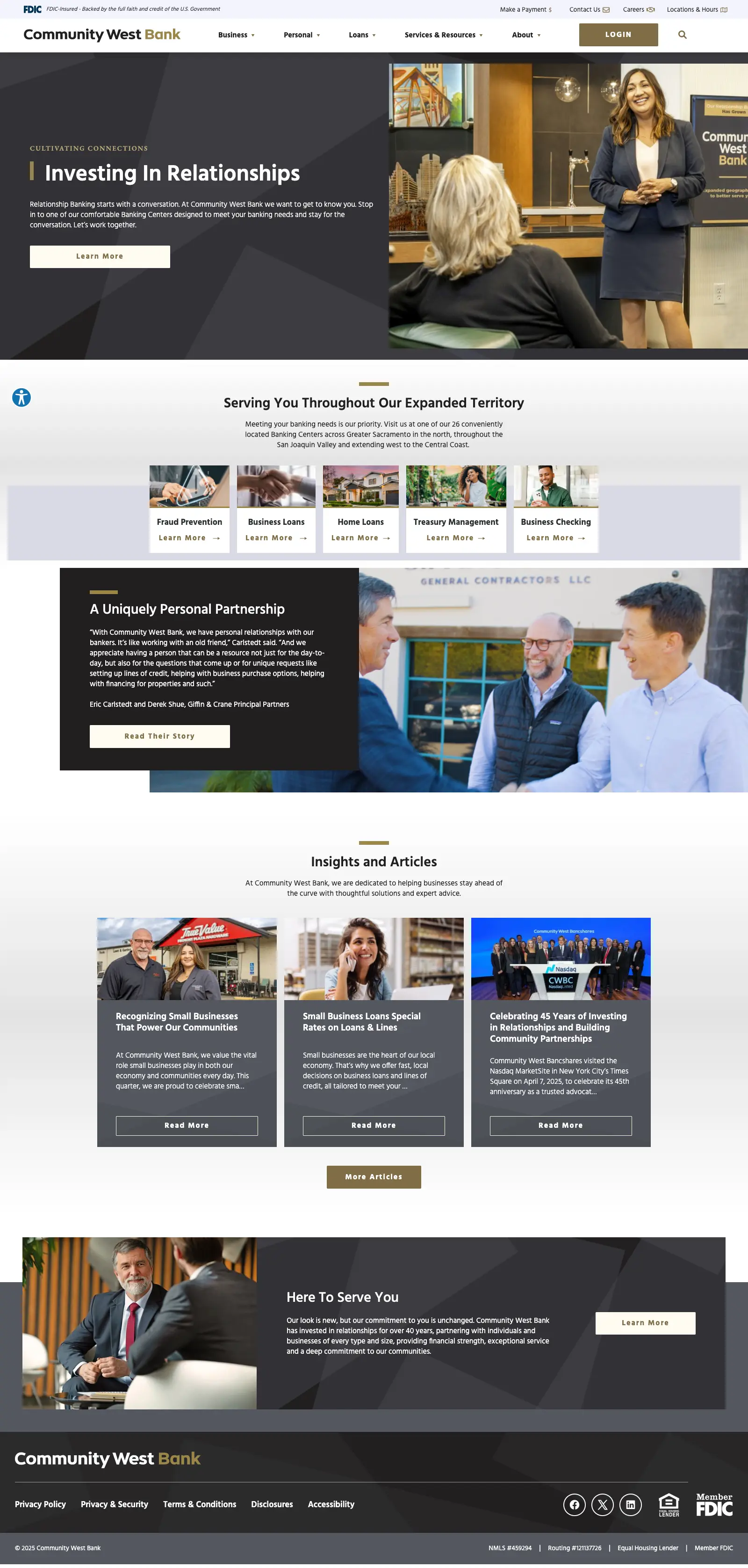 Screenshot of Community West Bank website landing page